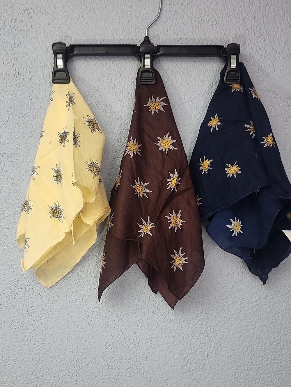 Embroidered Floral Cotton Scarf Trio - Yellow, Brown & Navy